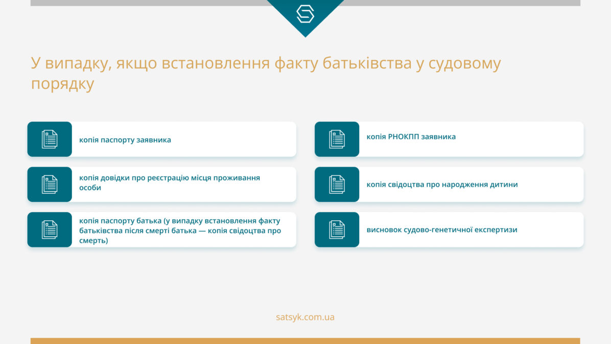 У випадку, якщо встановлення факту батьківства у судовому порядку, Вам необхідні такі документи